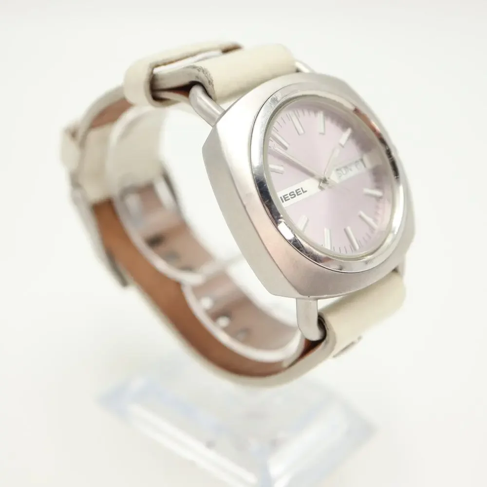 Diesel Mens 40mm Day Date Pink Silver Watch White Leather DZ5090 w New Battery